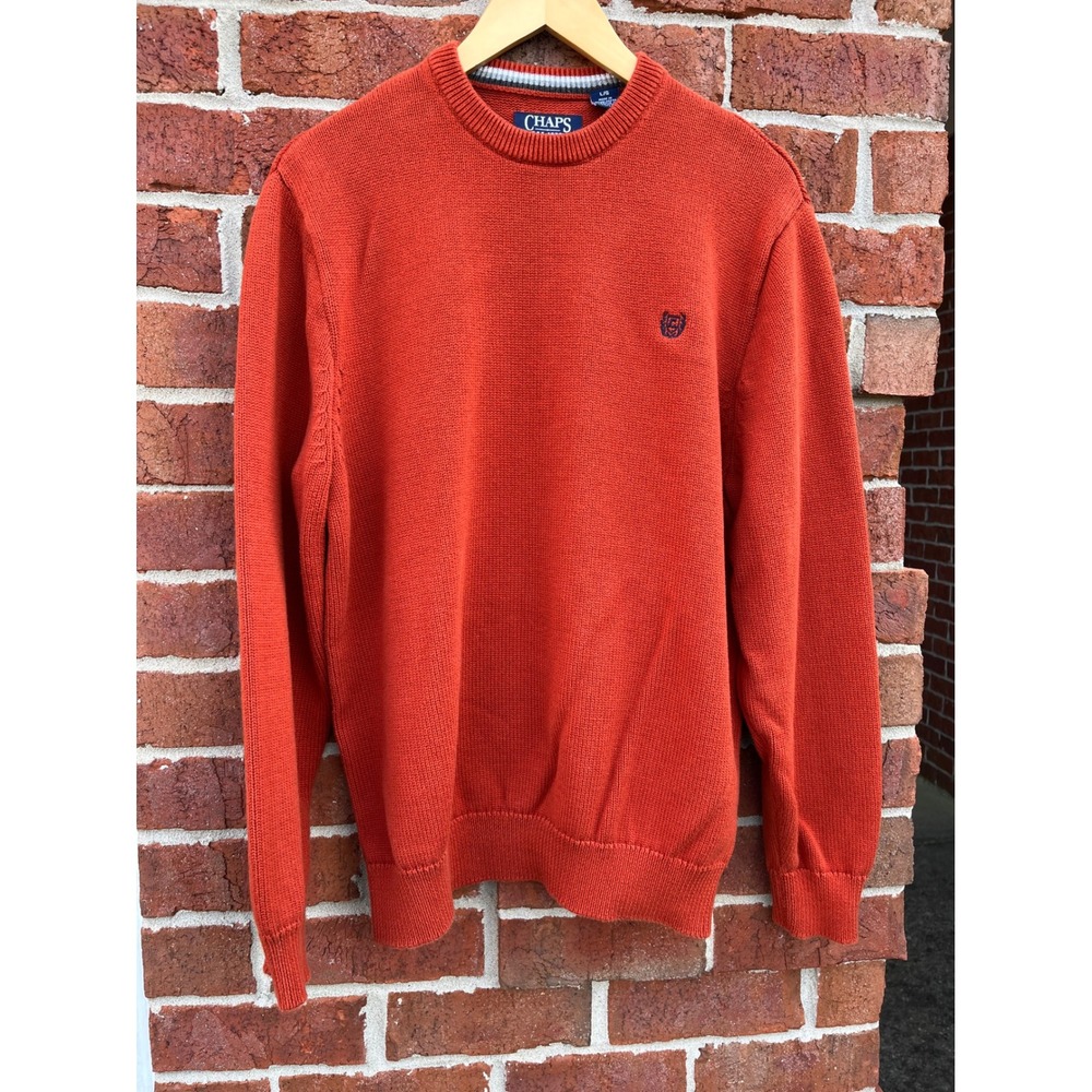 Chaps Mens Burnt Orange Crewneck Cotton Knit Sweater Large Logo Pullover